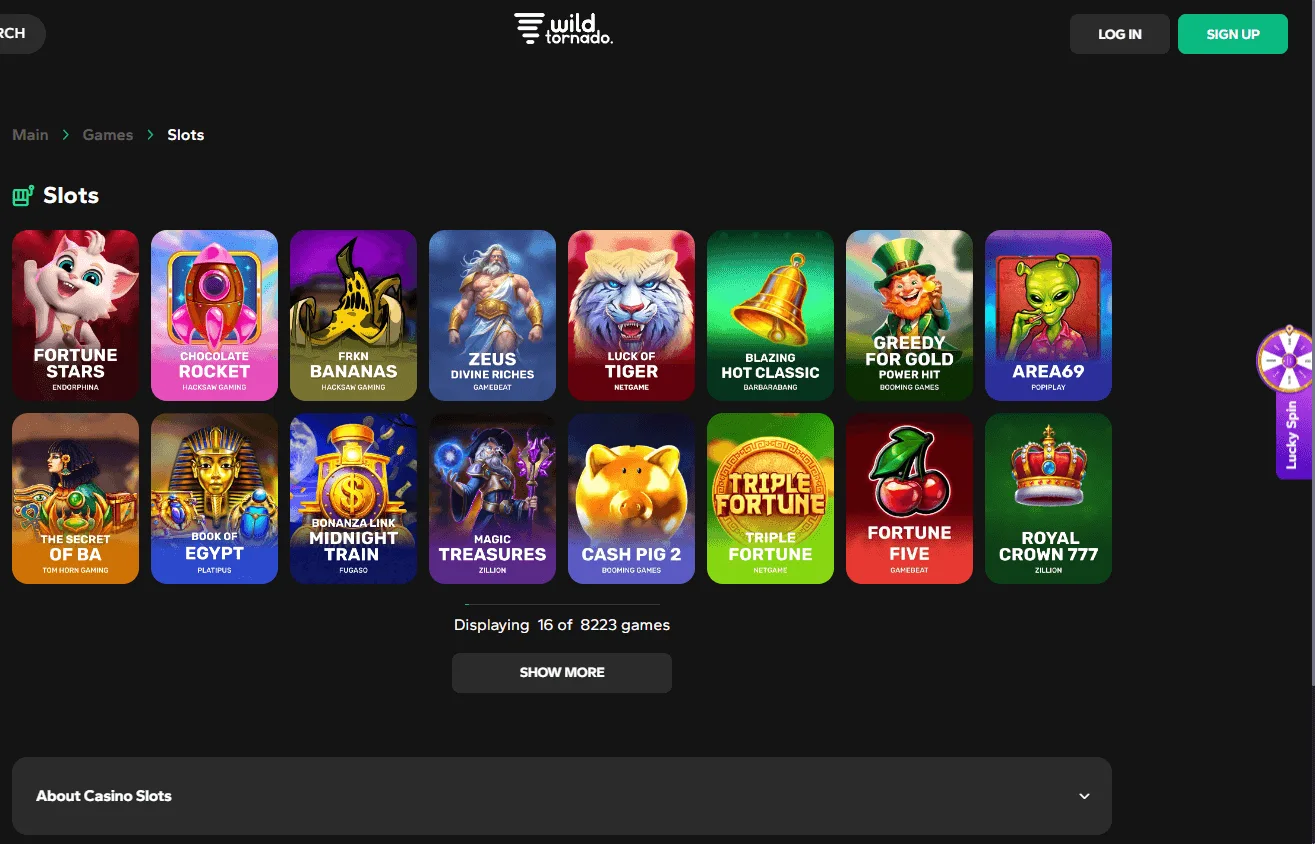 Wild Tornado Casino desktop games area with casino categories and titles