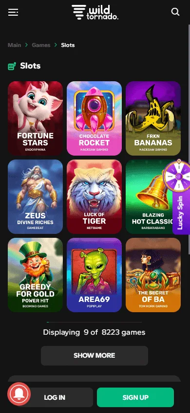 Wild Tornado Casino mobile games area with casino game categories