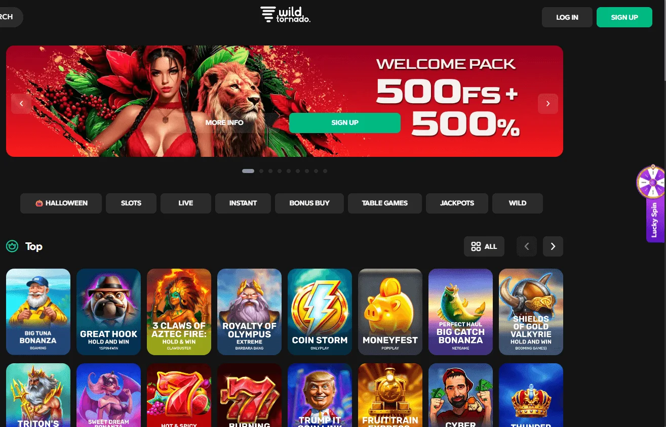 Wild Tornado Casino desktop home experience with the main casino offer and account areas