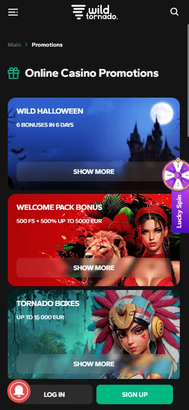 Wild Tornado Casino mobile promotions area with bonus offers