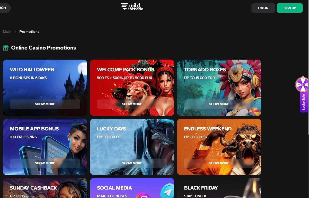 Wild Tornado Casino desktop promotions area with bonus and promotional offers
